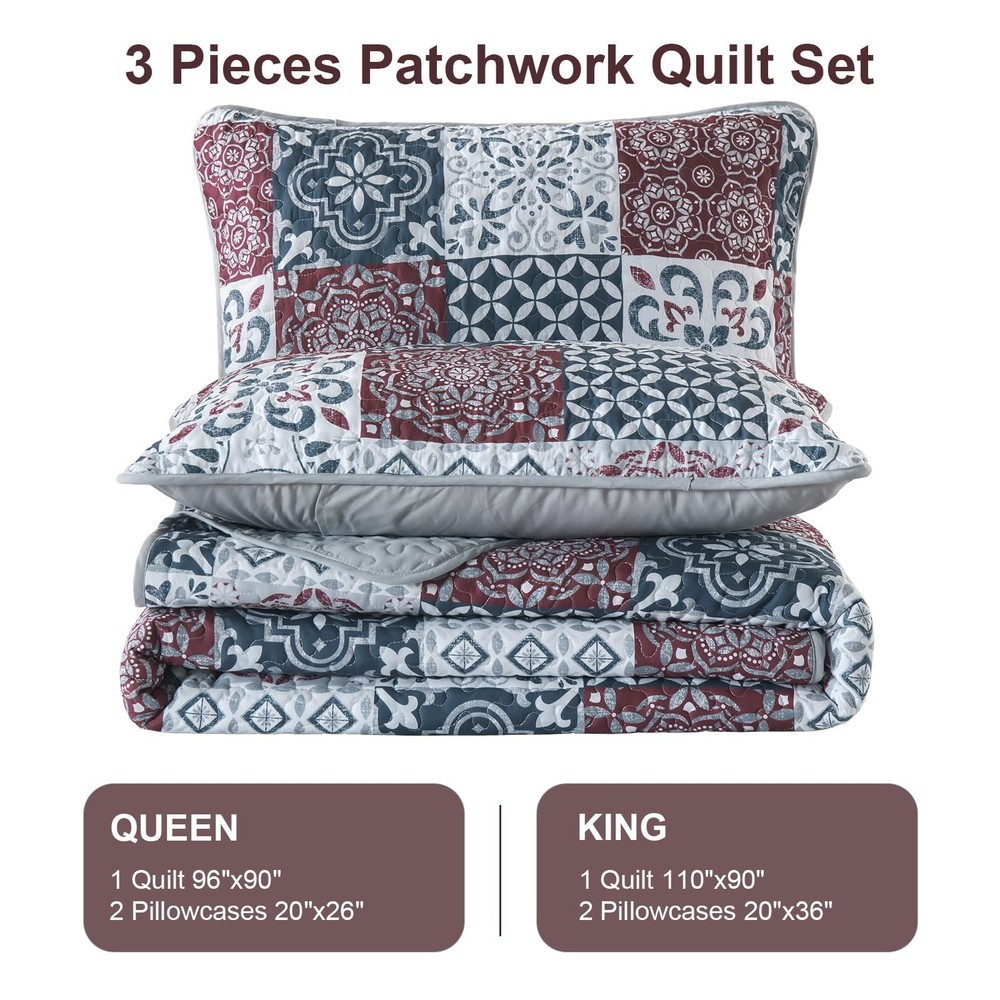 Dobuyly Patchwork Quilt Set Queen Size Boho Plaid Bedspread Queen, Red Grey
