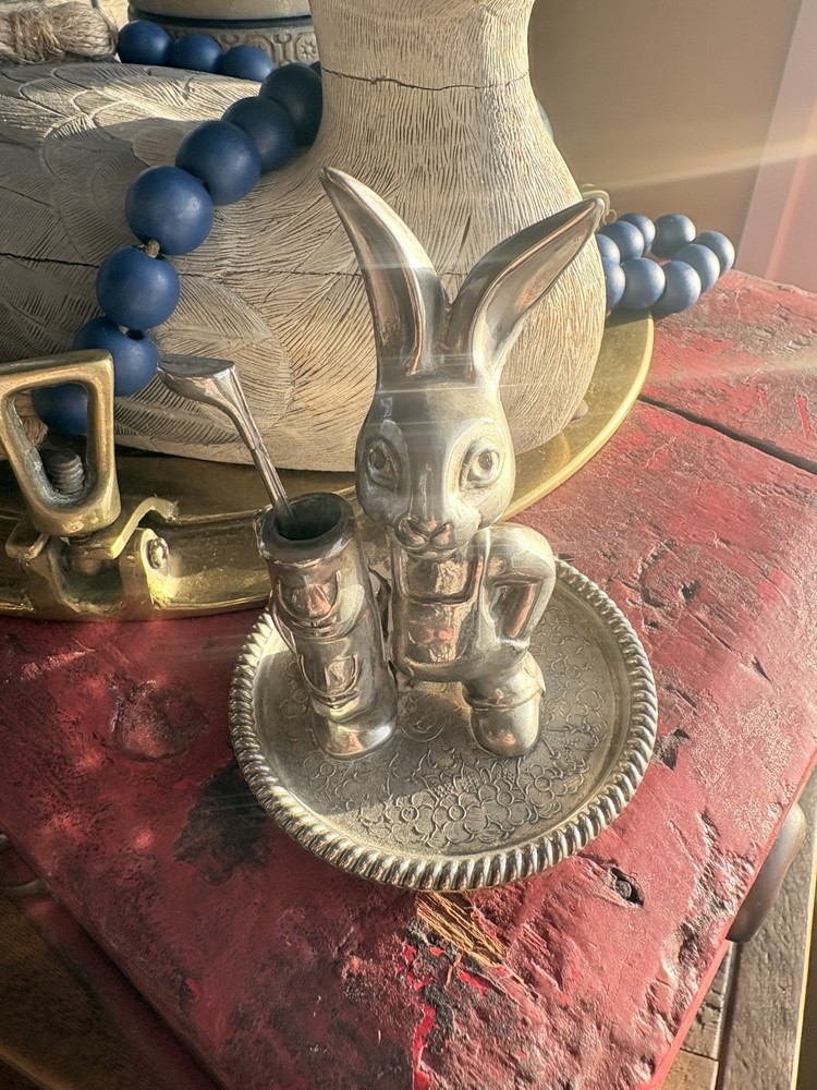 Vintage Seba Ring Cuff Link Holder Silver Plated Bunny Rabbit Golfer Marked Club