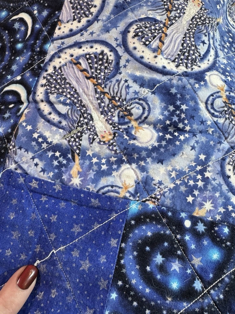 Handmade Modern Quilt Blue Celestial Wizard 9 Square Flannel Back Queen Signed