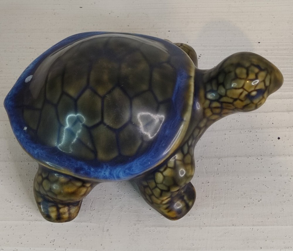 Ceramic Turtle Tortoise Green Blue Edge Shell Condition Issue Glaze Spot