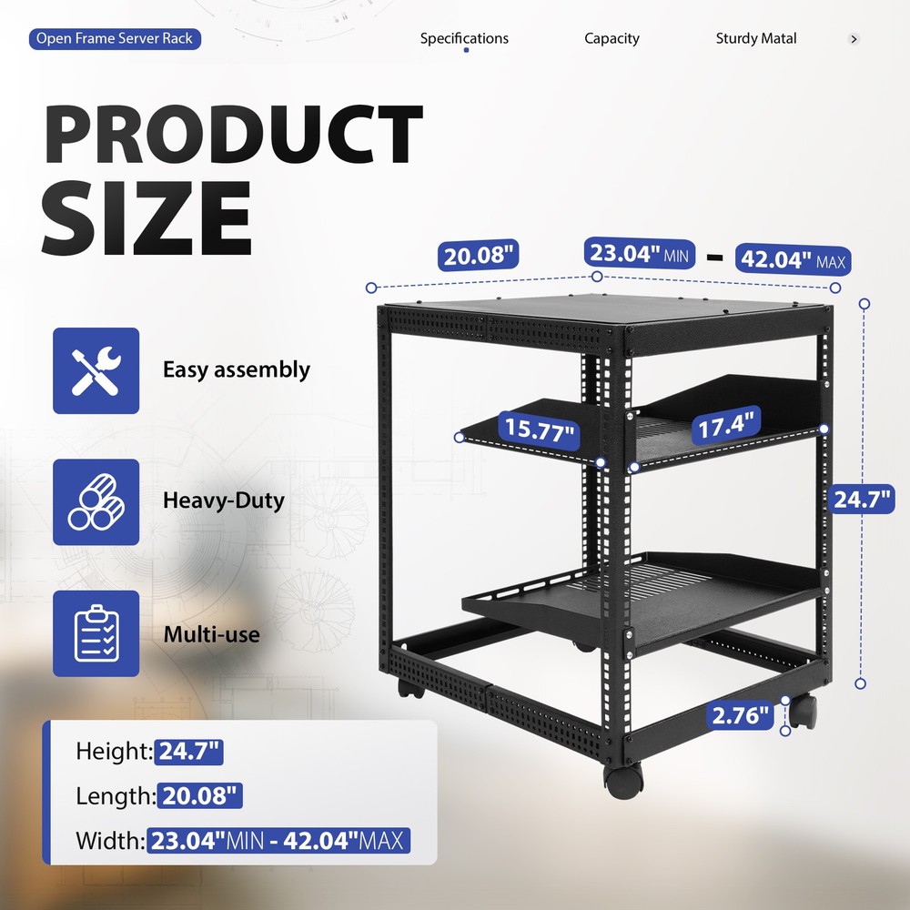 New 12U 4 Post Open Frame Server Rack Network Enclosure 23''-40'' Adjustable