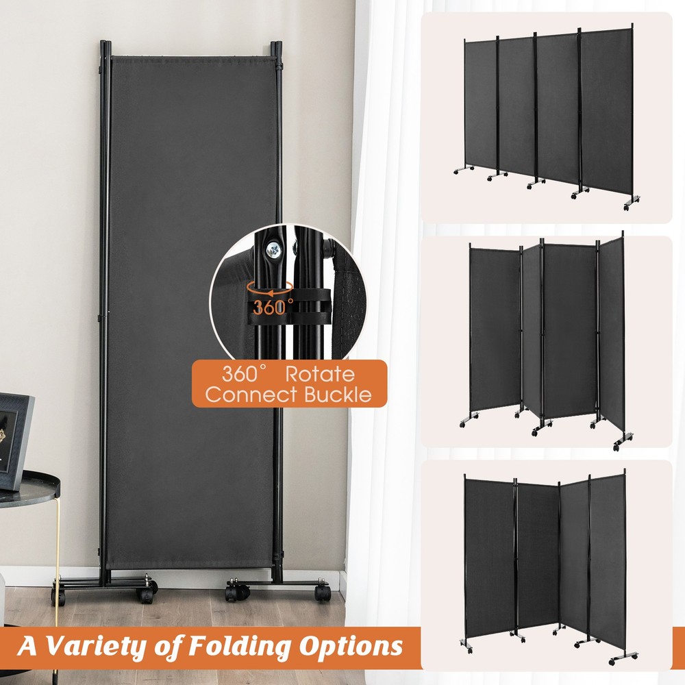 4-Panel Folding Room Divider 6' Rolling Privacy Screen w/ Lockable Wheels Grey