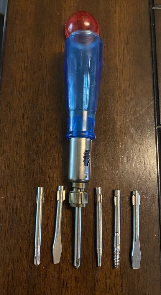 Vintage Ratcheting / Reversible Multi Bit Storage Handle Screwdriver - 7 Pc.
