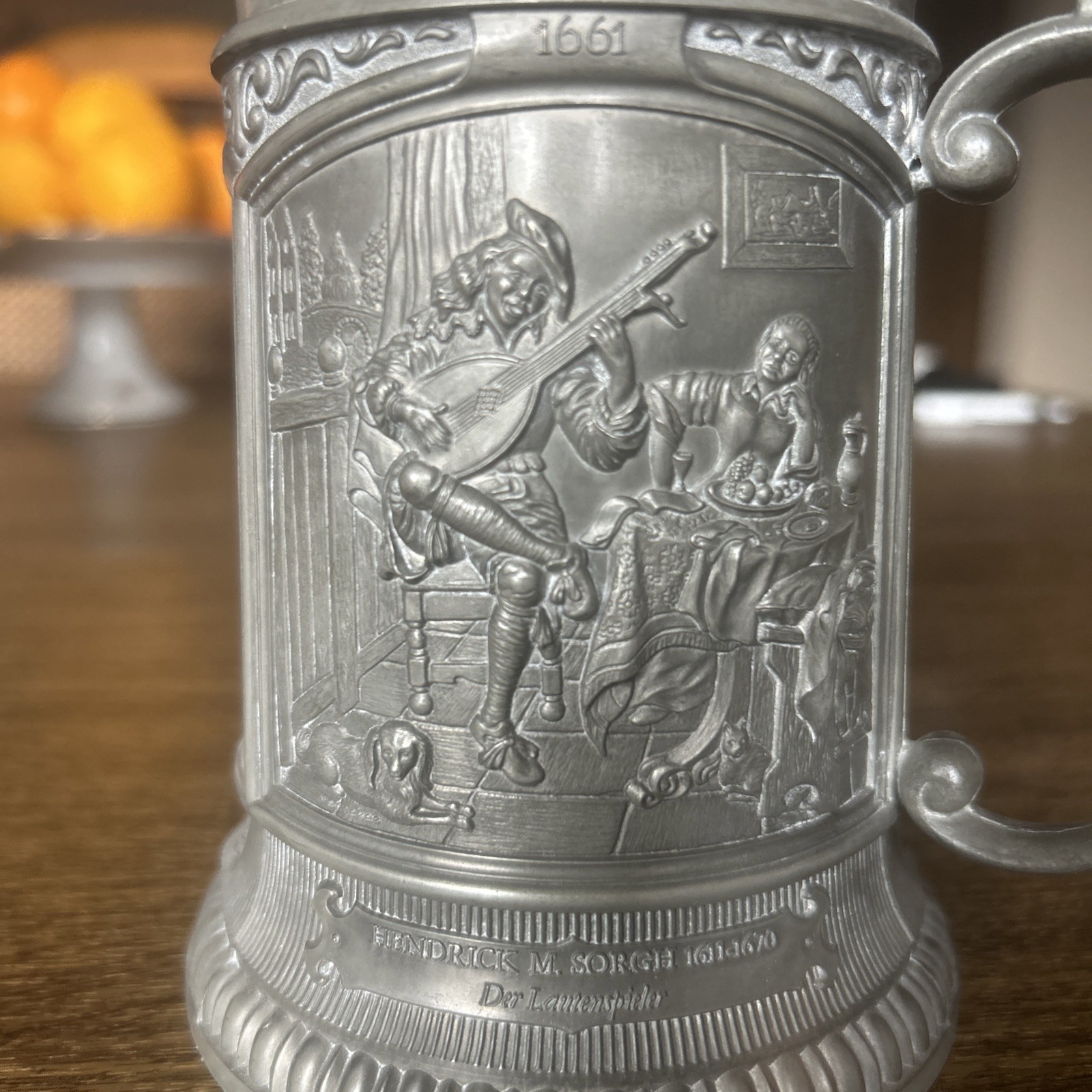 Vintage ceramic German stoneware beer mug with tin cap