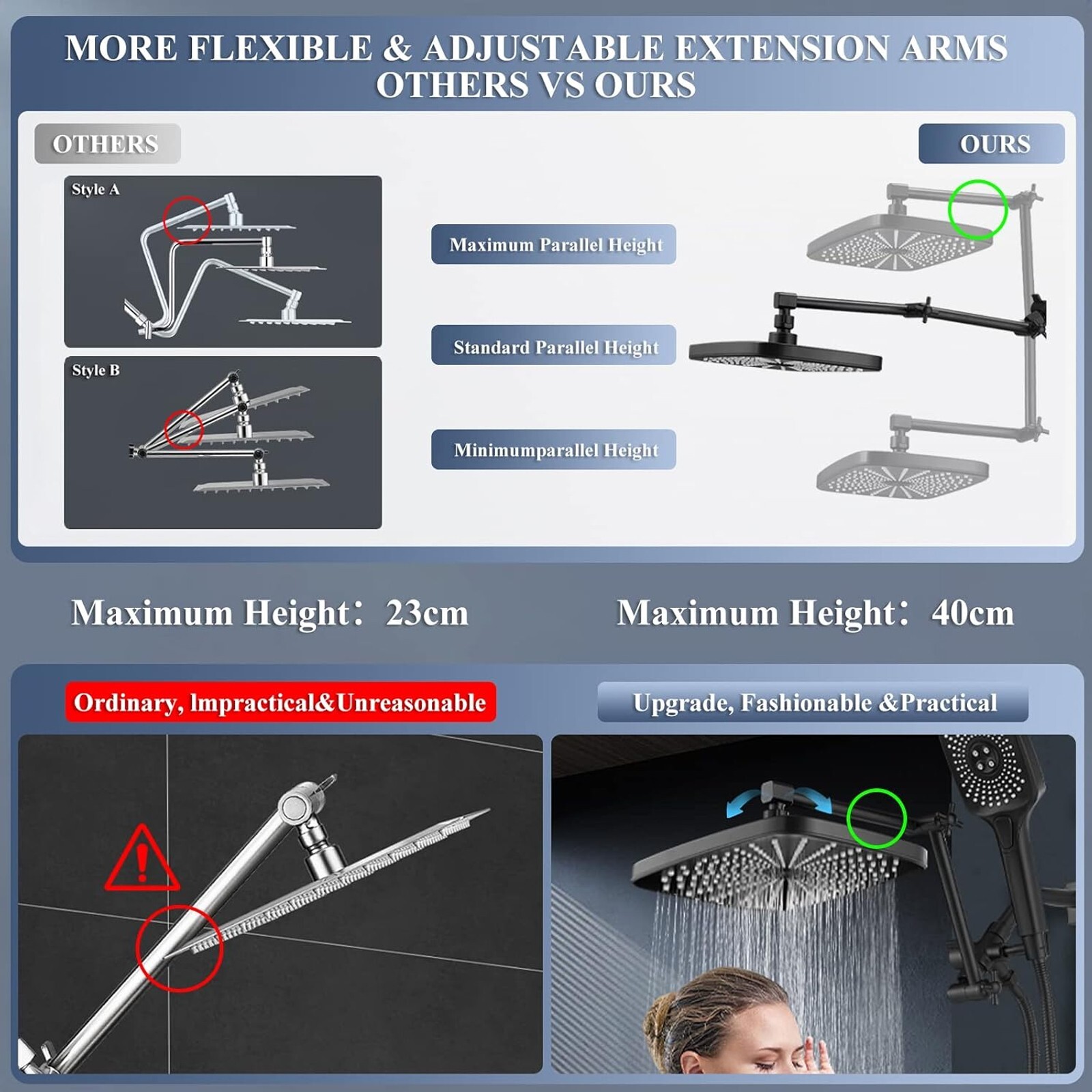 Black Rain Shower Head with Handheld Spray Set High Pressure 16" Adjustable Arm