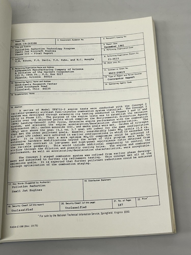 NASA CR-165386 Pollution Reduction Tech Program Small Jet Aircraft Engines 1981