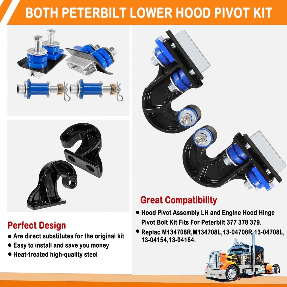 Lower Hood Pivot Kit for Peterbilt 377 378 379, Engine Hinge Bolt Assembly