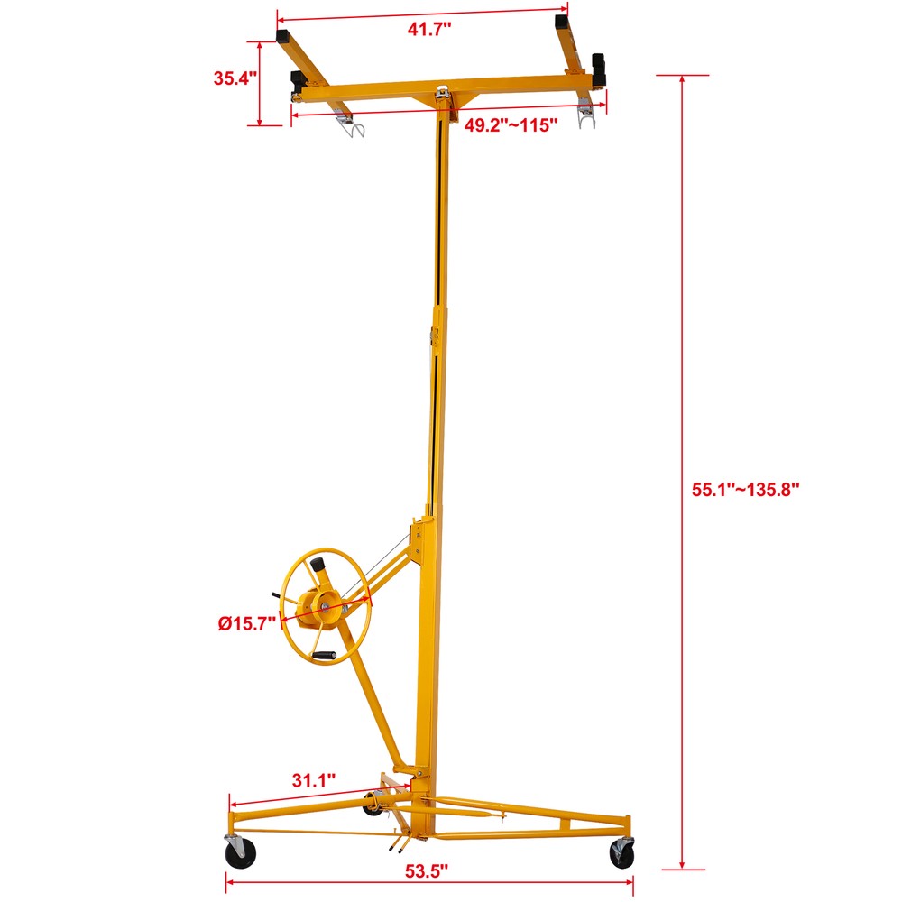11FT Drywall Rolling Lifter Panel Hoist Jack Lifter Lockable Wheel Drywall Panel