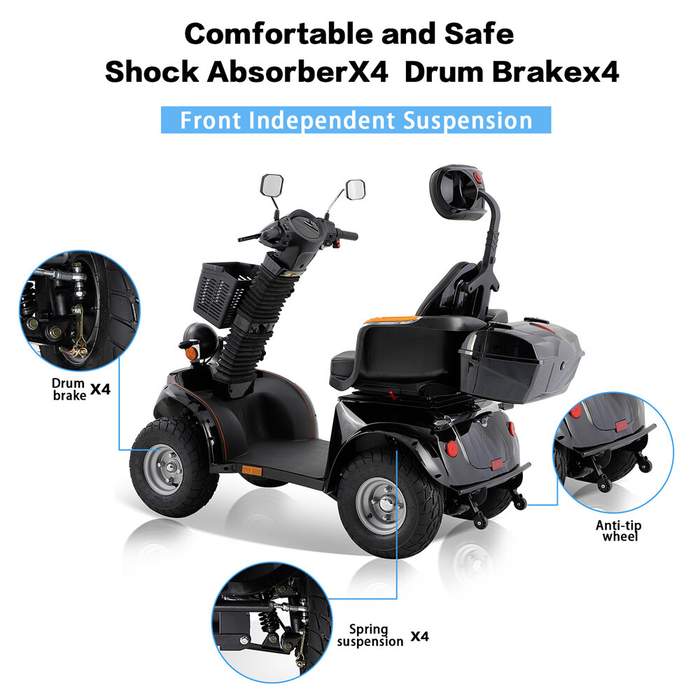 1000W Four Wheel Mobility Scooter 60V 20AH 15mph 31 Miles for Adult Senior 500lb