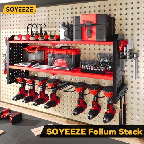 Large Power Tool Organizer Wall Mount with Charging Station, 3 Layer Heavy Red