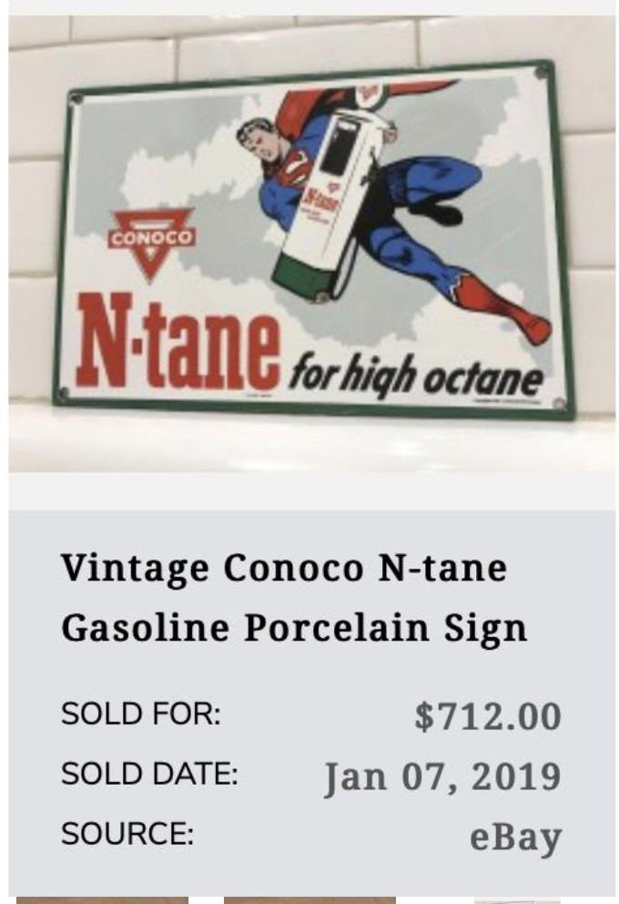 VINTAGE 1946 CONOCO N-TANE SUPERMAN GASOLINE 16" PORCELAIN METAL COMIC BOOK SIGN