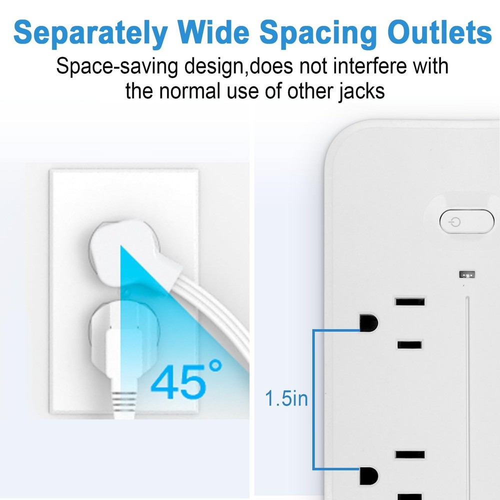 Power Bars Surge Protector 6 Outlets 4 USB Flat Plug Extension Cord Wall Mount