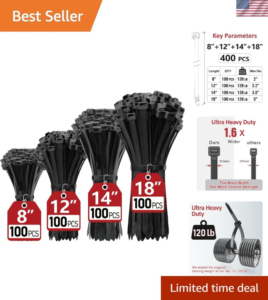 Multi-Purpose Zip Ties Assorted Sizes - 400 Count with Self-Locking Design