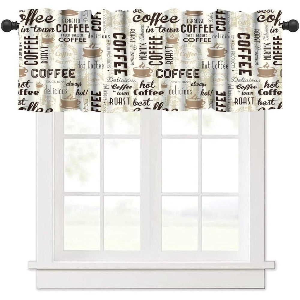Coffee Kitchen Window Valance Curtains Rustic Coffee Theme Tea Cup Pattern Sh...