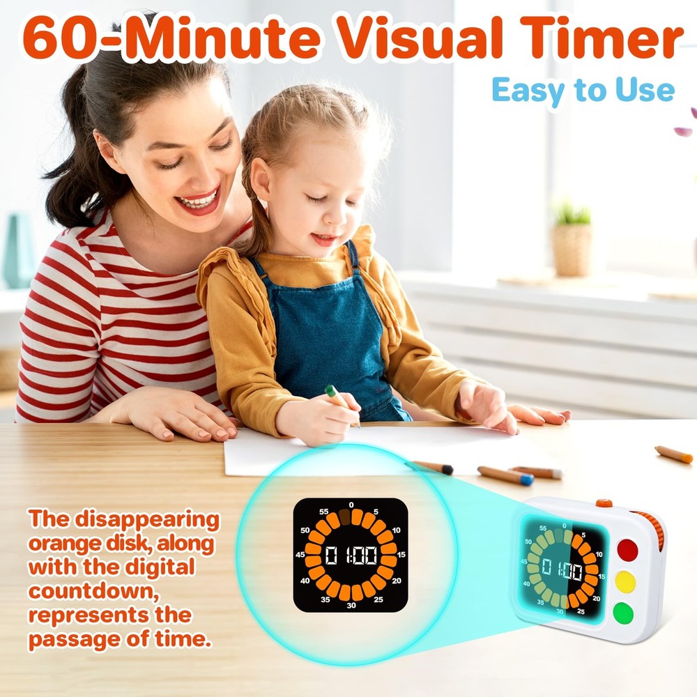 Digital Visual Timer for , with Coloured Progress bar, 60-Minute Countdown an...
