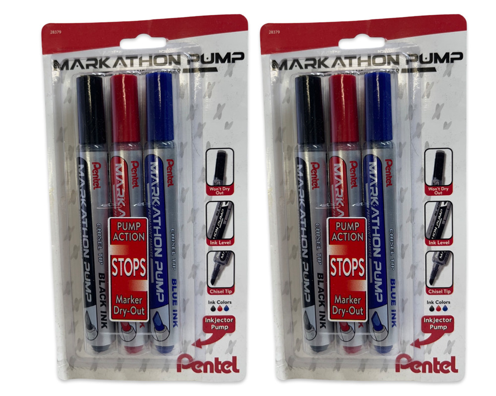 6 count Pentel Markathon Pump Permanent Marker Black Red Blue Chisel Tip NEW