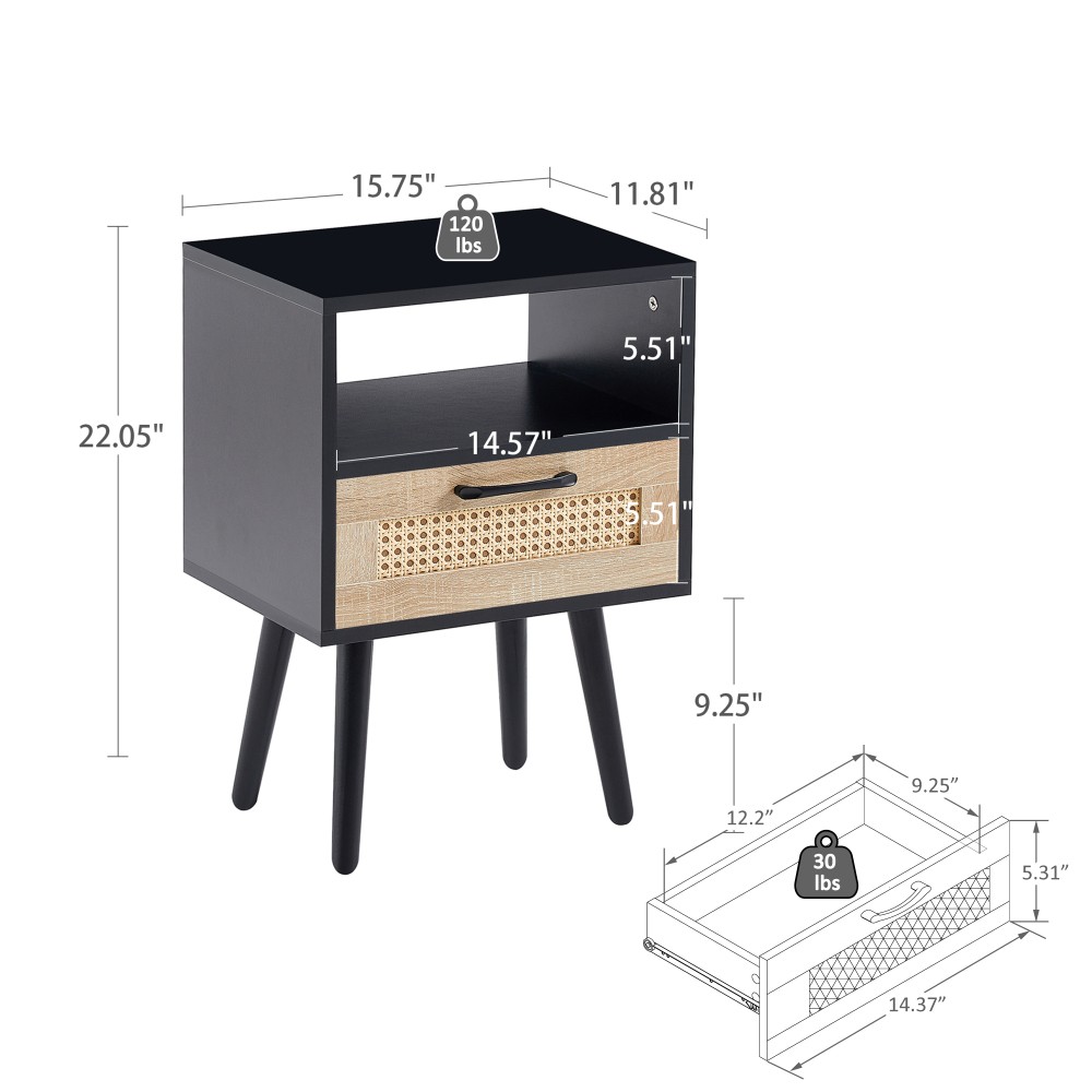 Rattan End Table with Drawer & Solid Wood Legs, Modern Nightstand