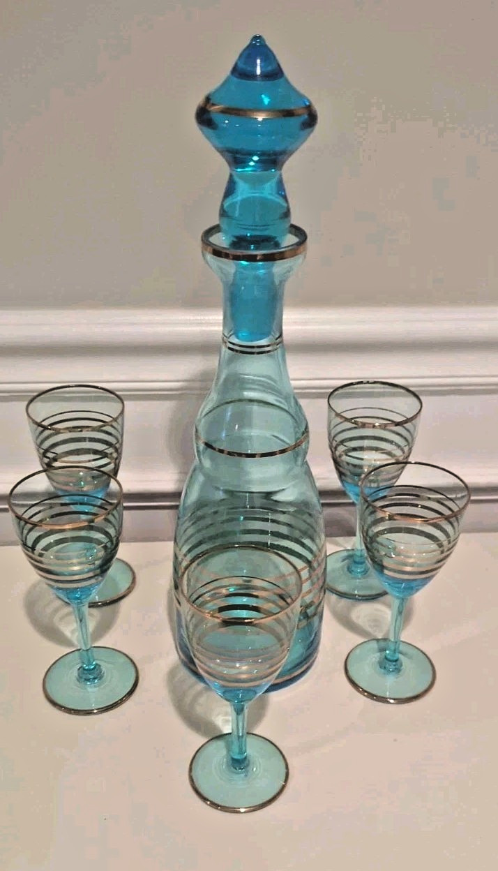 MCM Vintage Teal Blue & Gold Romanian Glass Decanter 4 Cordial Glasses 7 pc Set