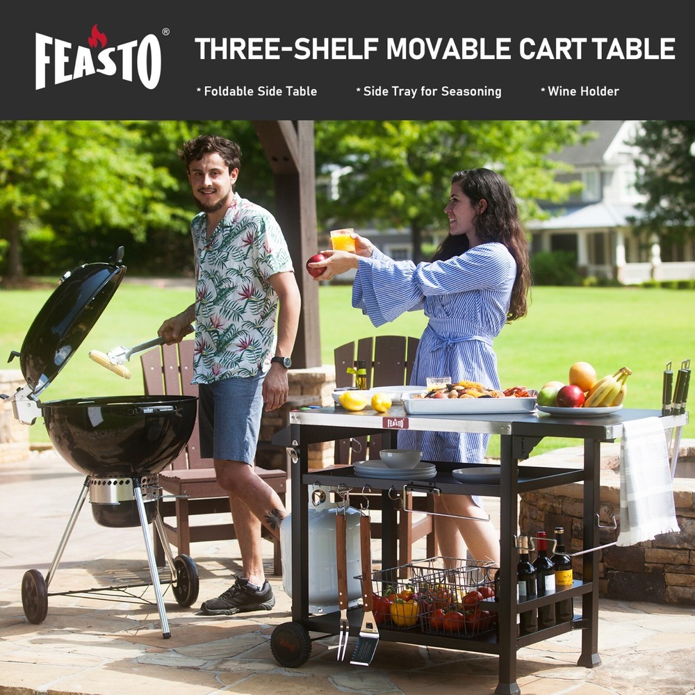 Feasto 3-Shelf Grill Table for Outside, Movable Prep Table Cooking Station