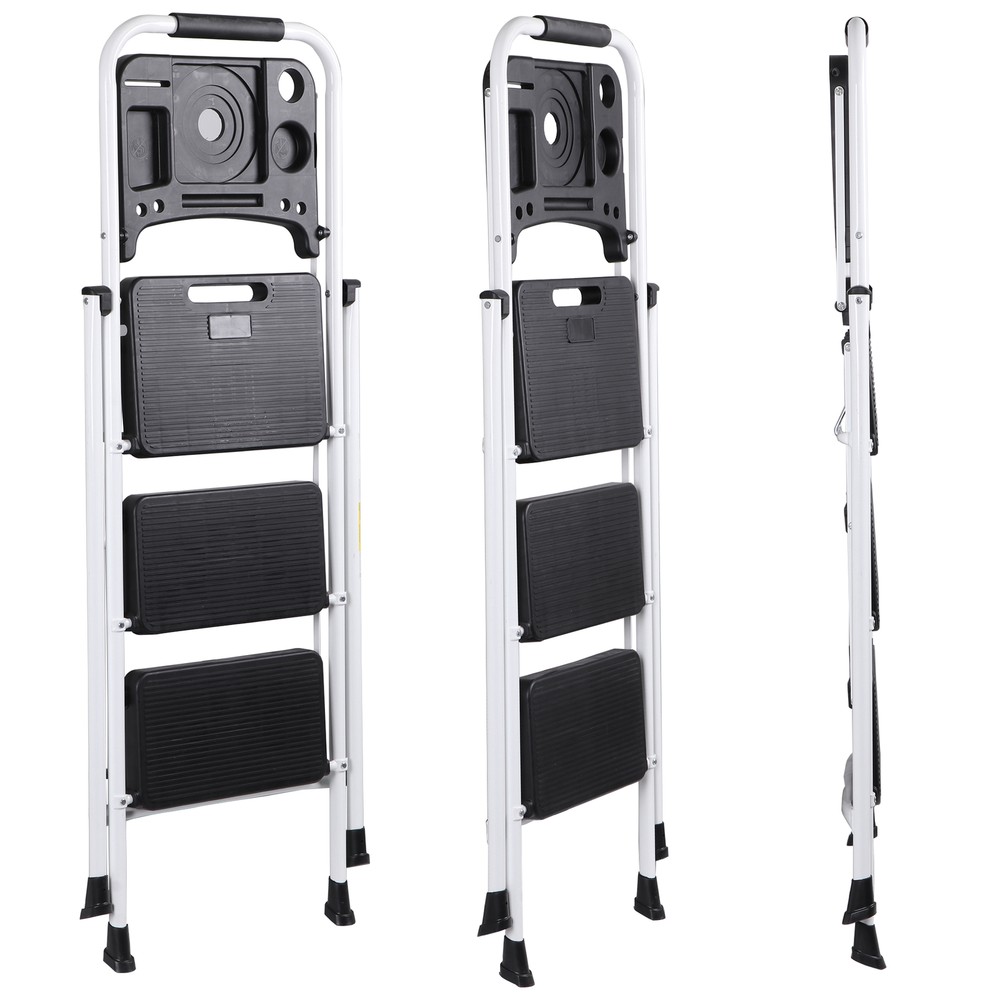 3 Step Ladder with Tool Platform Folding Step Stool with Anti-Slip Pedal White
