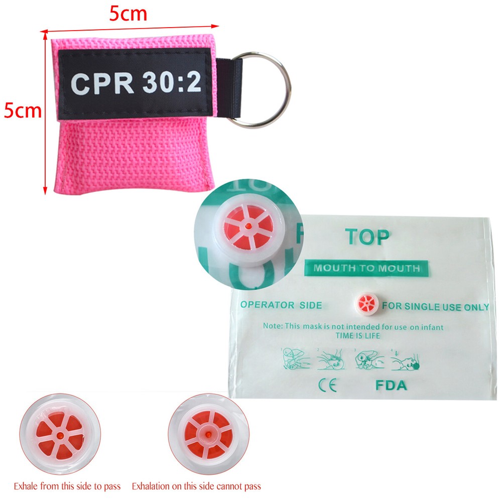 100pcs CPR Face Shield One Way Valve Keychain CPR Training tools 30:2 Pink