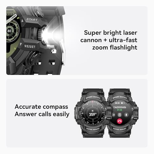 Military Smart Watch with Flashlight (Answer/Make Call) Compass, Black
