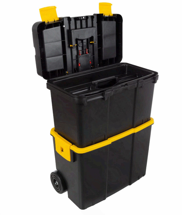 Portable 2-in-1 Tool Box on Wheels, Stackable, Tough Latches & Trays