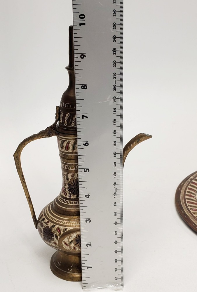 Vintage 6 pc Middle Eastern Turkish style solid brass coffee or tea pitcher cups