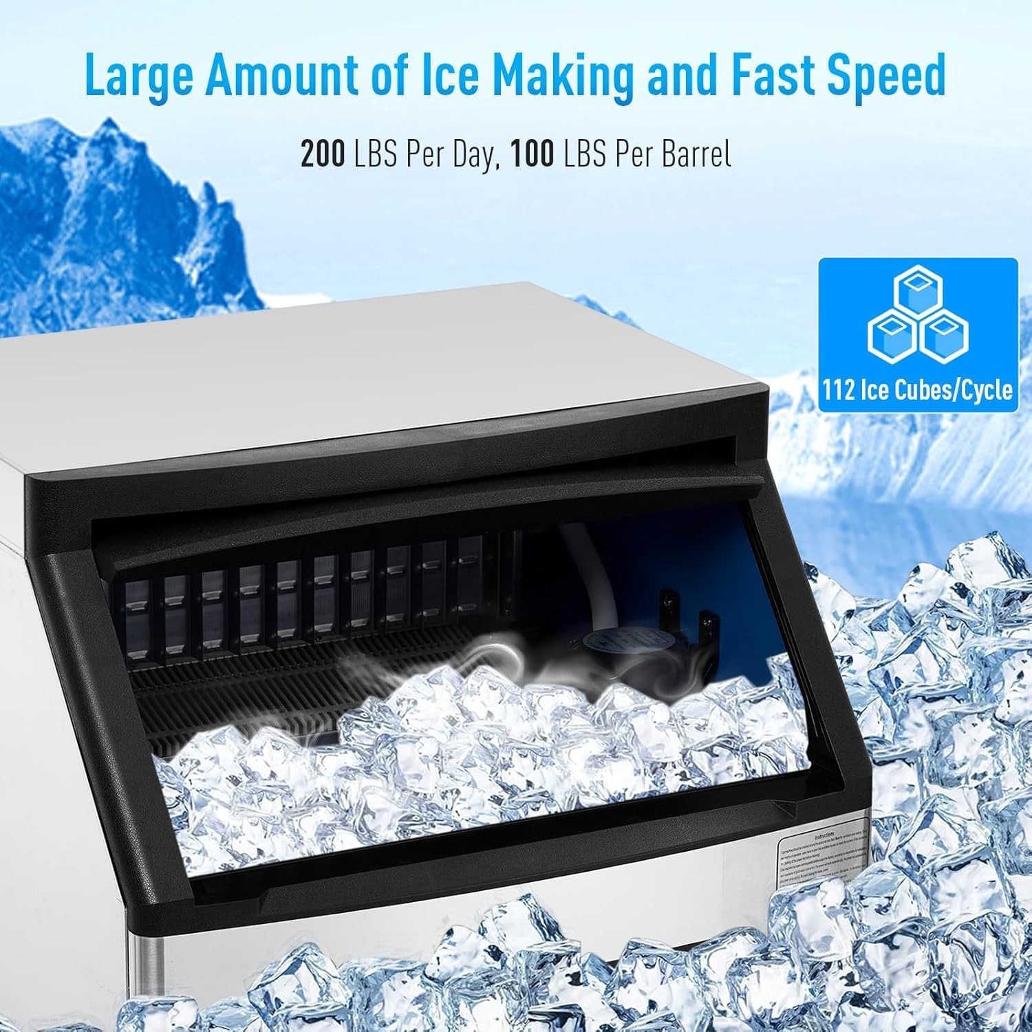 Commercial Ice Maker Freestanding Cabinet Machine 160lbs/24H 100Lbs Storage Bin