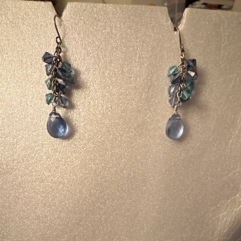 Handcrafted Blue Glass Beaded Dangle Drop Earrings Teardrop Silver Hook