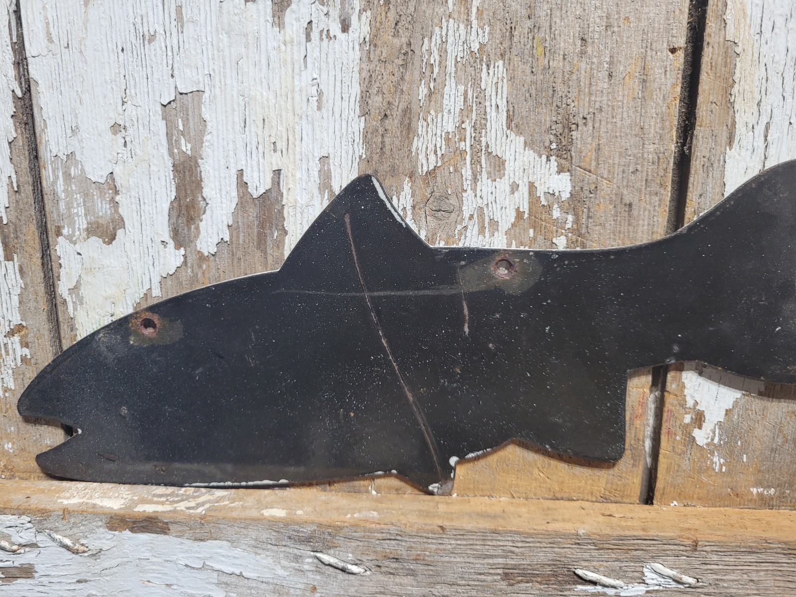 VINTAGE FISH PORCELAIN SIGN OLD FLY SHOP FARLOWS TACKLE KETCHIKAN ALASKA SALMON