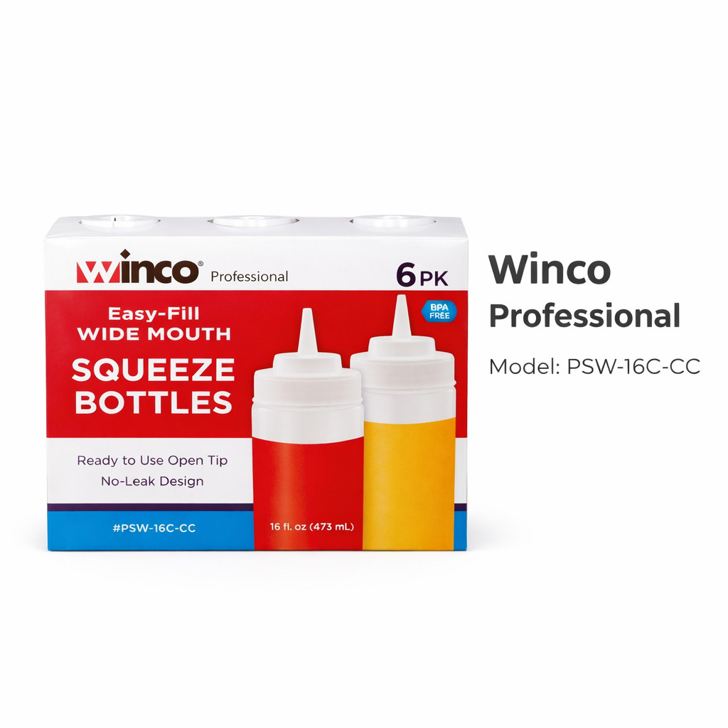 Winco 16oz Clear Wide Mouth Squeeze Bottles PSW-16C-CC BPA Free (6-36 Ct)