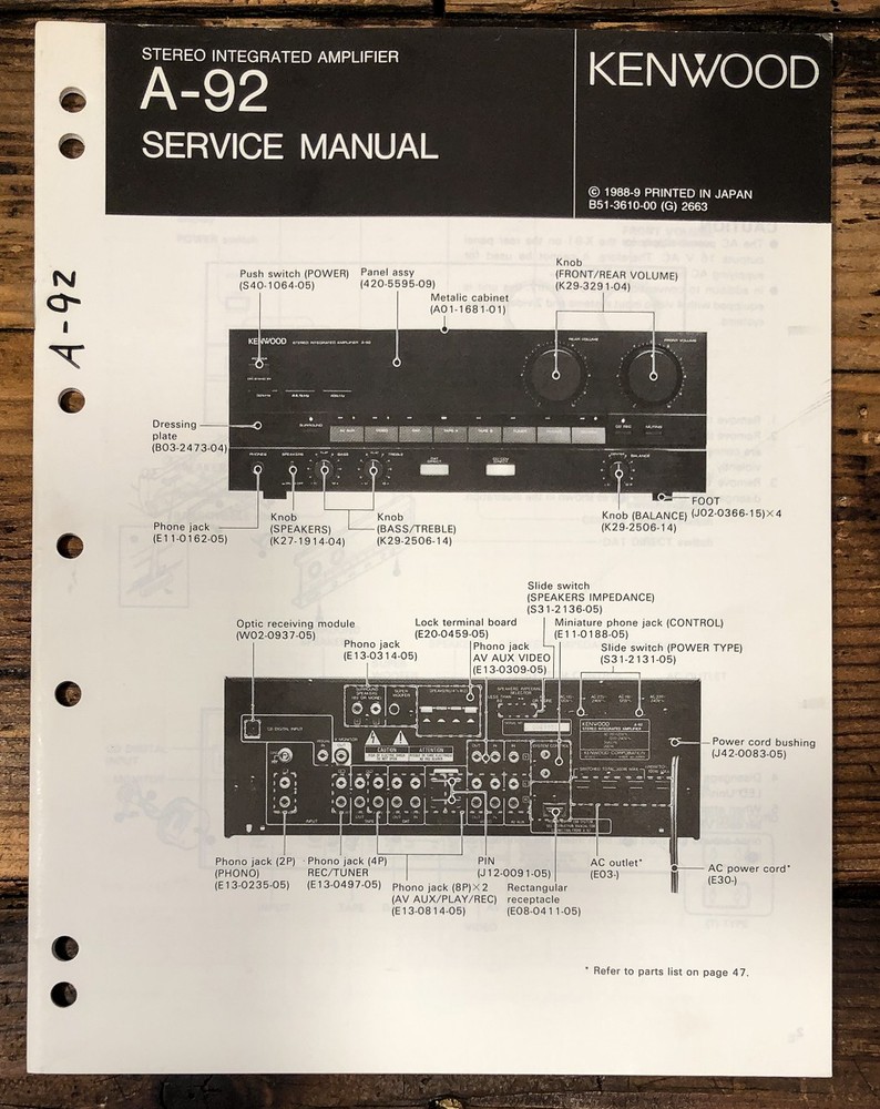 Kenwood A-92 Amplifier Service Manual *Original*