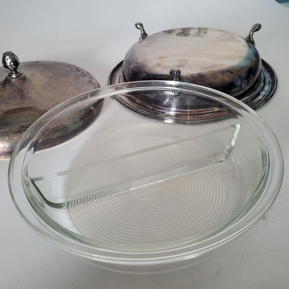 Vintage Sheffield Silver Plated Partitioned Dish w/ Glass Pyrex Insert dual Rare