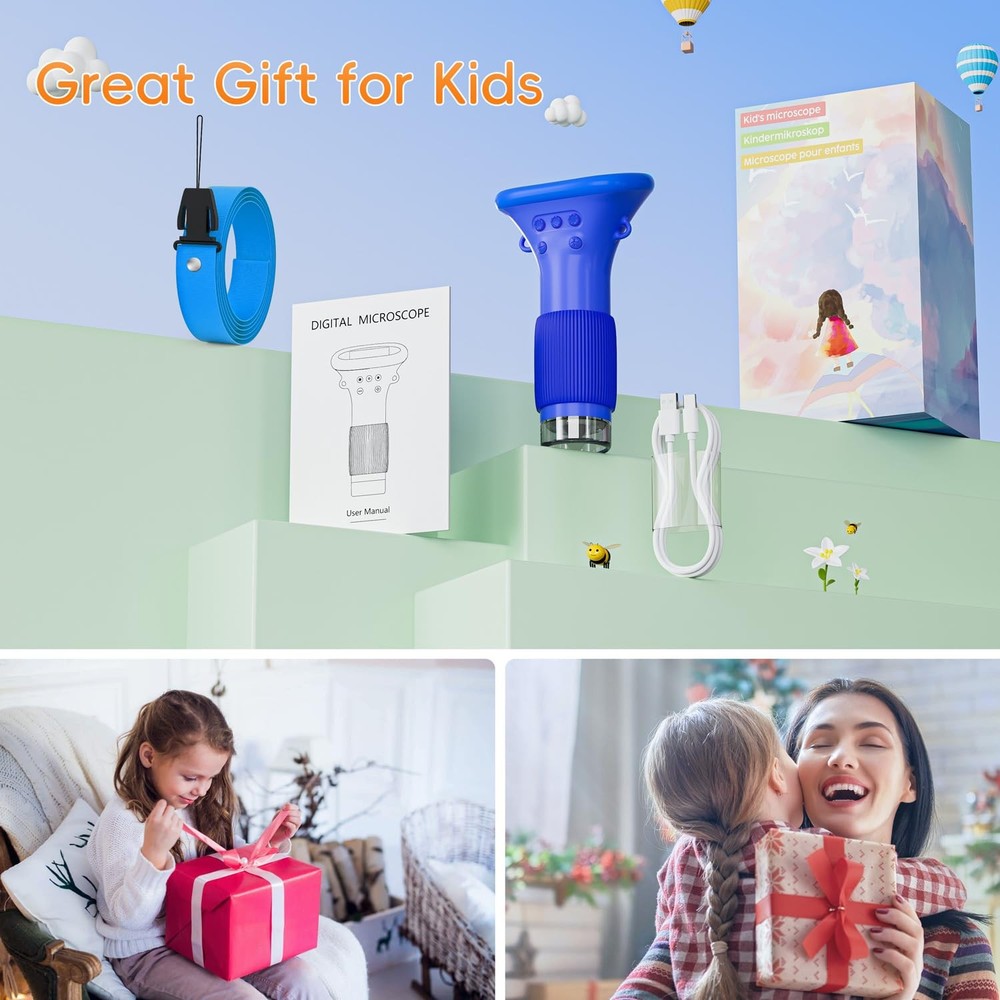 Microscope for Kids, SKYBASIC 2" IPS Screen 1000X Handheld Digital Blue