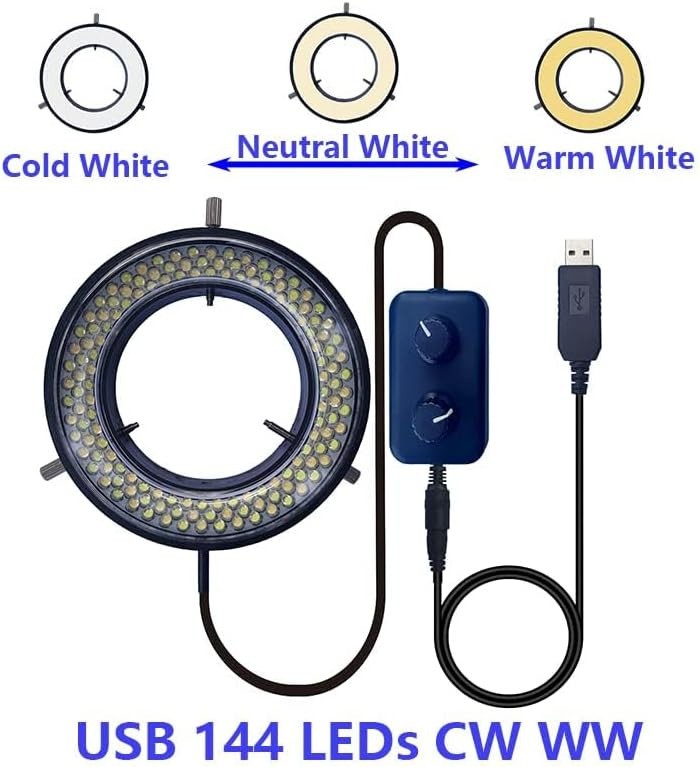 144 LED Microscope Ring Light, USB 5V, Brightness & Color Temp Adjustable