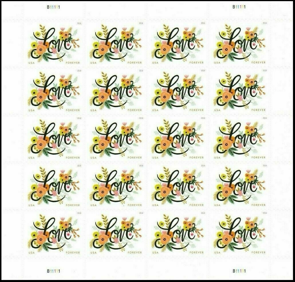 2018 USPS SHEET OF 20 FIRST CLASS LETTER STAMPS LOVE FLOURISHES 78¢