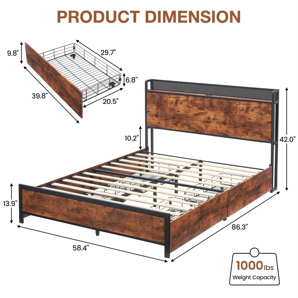 ⏯Queen Bed Frame with 4 Storage Drawers Metal Platform Bed Frame with Charging