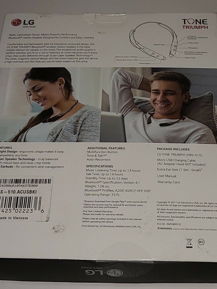 LG Tone Triumph Hbs-510 wireless Bluetooth headset NEW