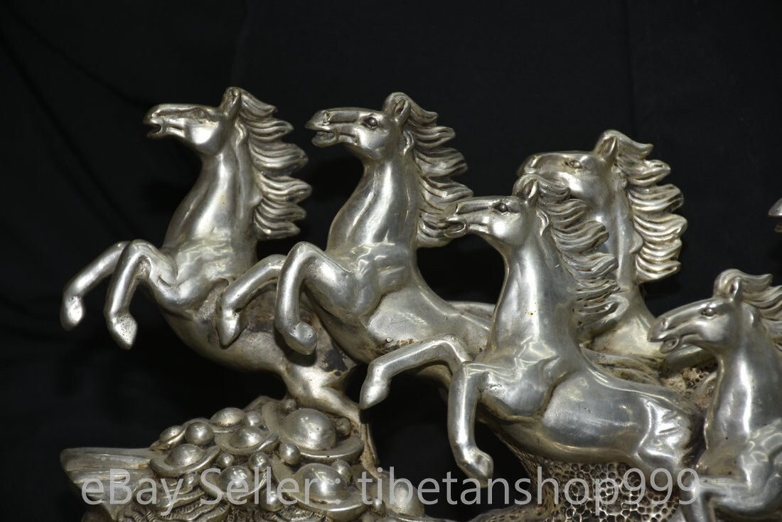 14.8" Rare Old Chinese Dynasty Silver Fengshui 12 Zodiac 8 Horse Word Statue