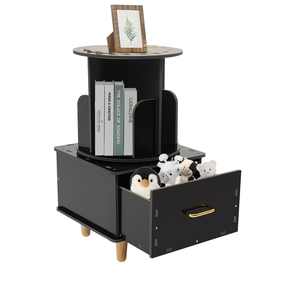 Bedside Table with Drawer, Corner High End Table, Rotating Bookshelf with Drawer