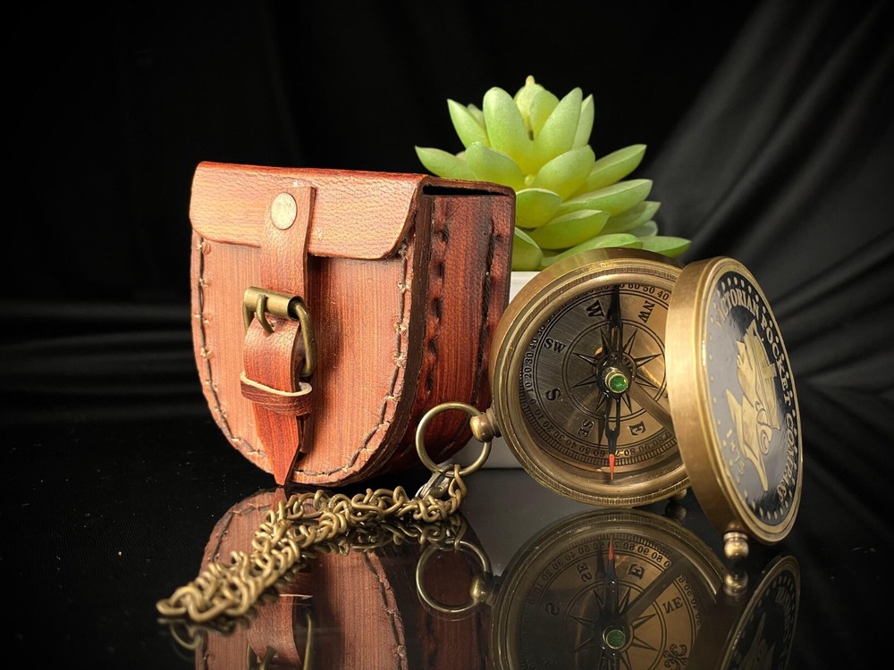 Antique Victorian Brass Working Pocket Compass with Premium Leather Case