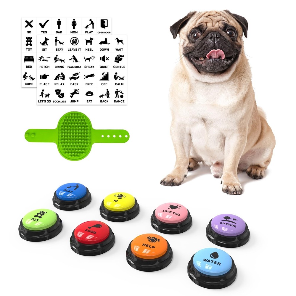 Recordable Dog Communication Buttons - 8 Pack Talking Training Set with Mat & Br