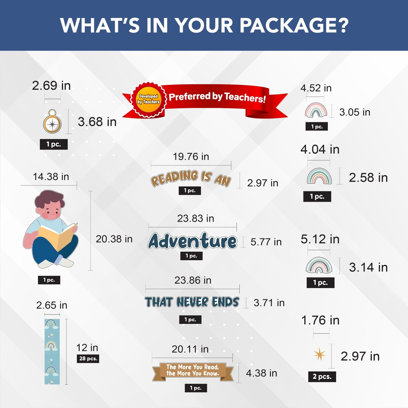 Decorably 45 Pcs Cutouts Rainbow Boho Reading Bulletin Board Reading Sets wit...