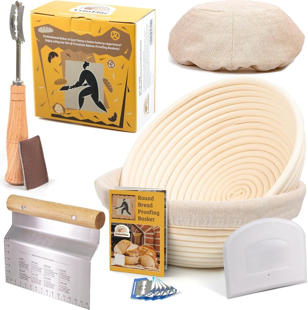 Professional Artisan Bread Kit: 2 Round Bannetons, Scoring Lame, Dough Scraper