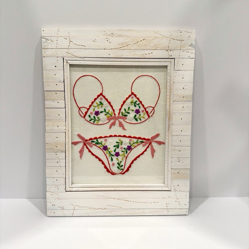 Embroidered Bikini On Cotton Framed 11.5”x 15”