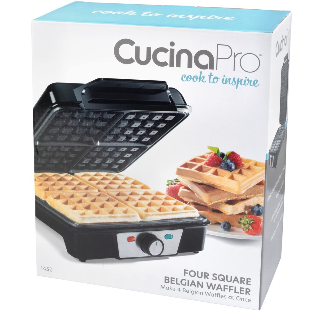CucinaPro Four Square Belgian Waffle Maker, Extra Large X-Large, Black Silver