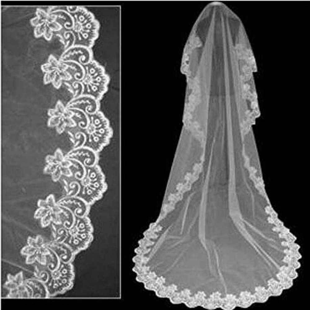 10Ft Long White Wedding Bridal Veils with Embroidery Lace Edge Bride Supplies US