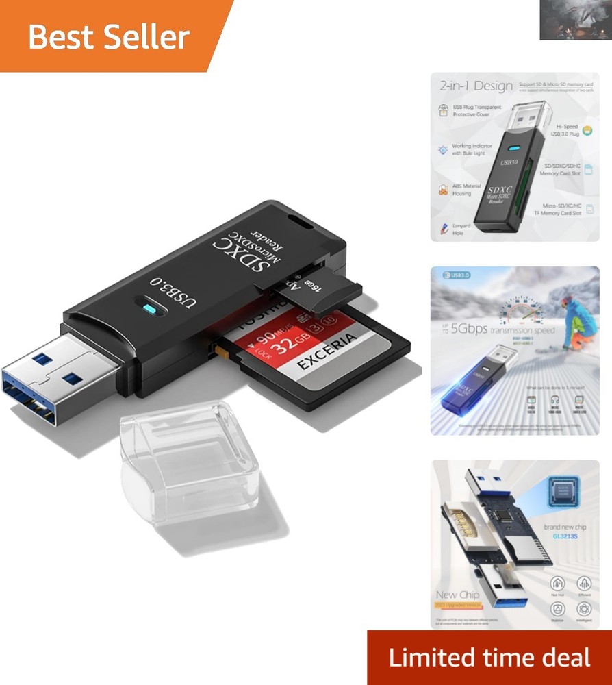 Versatile 5Gbps USB Card Reader for SDXC, SDHC & MicroSD - Lightweight Black