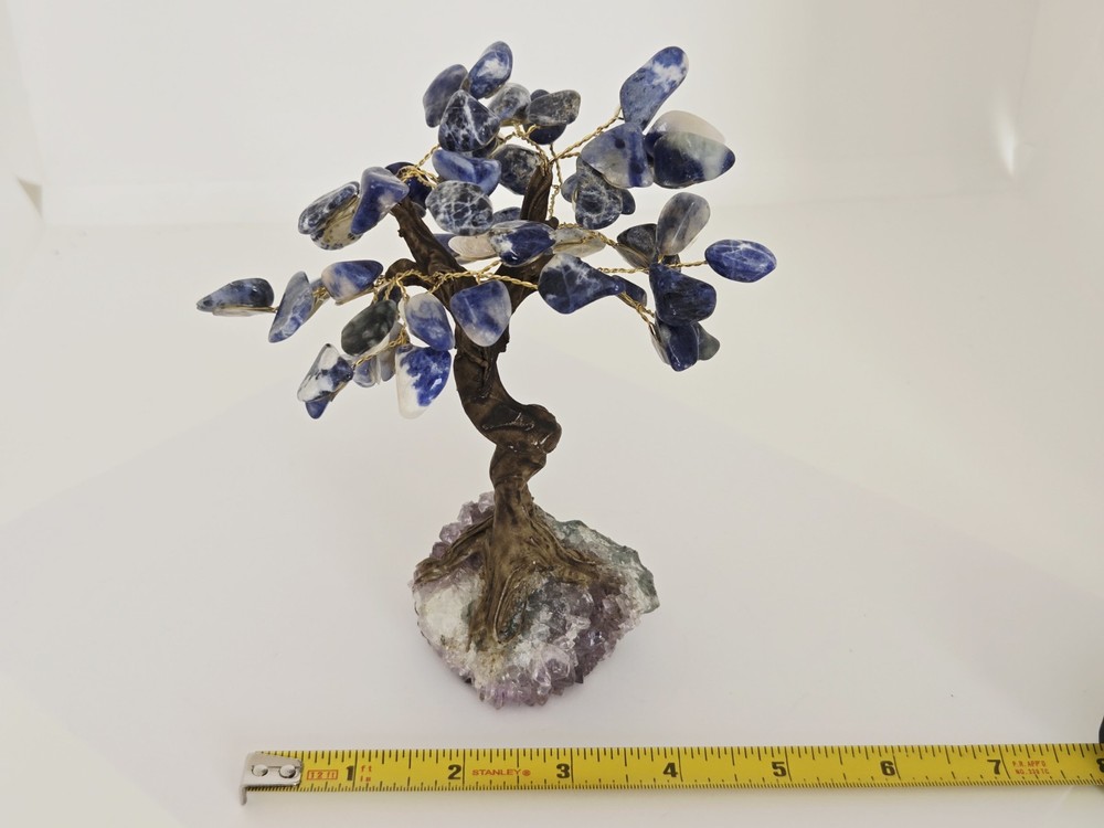 Sodalite Stone Bonsai Tree With Amethyst Cluster Base Crystal Tree Decor